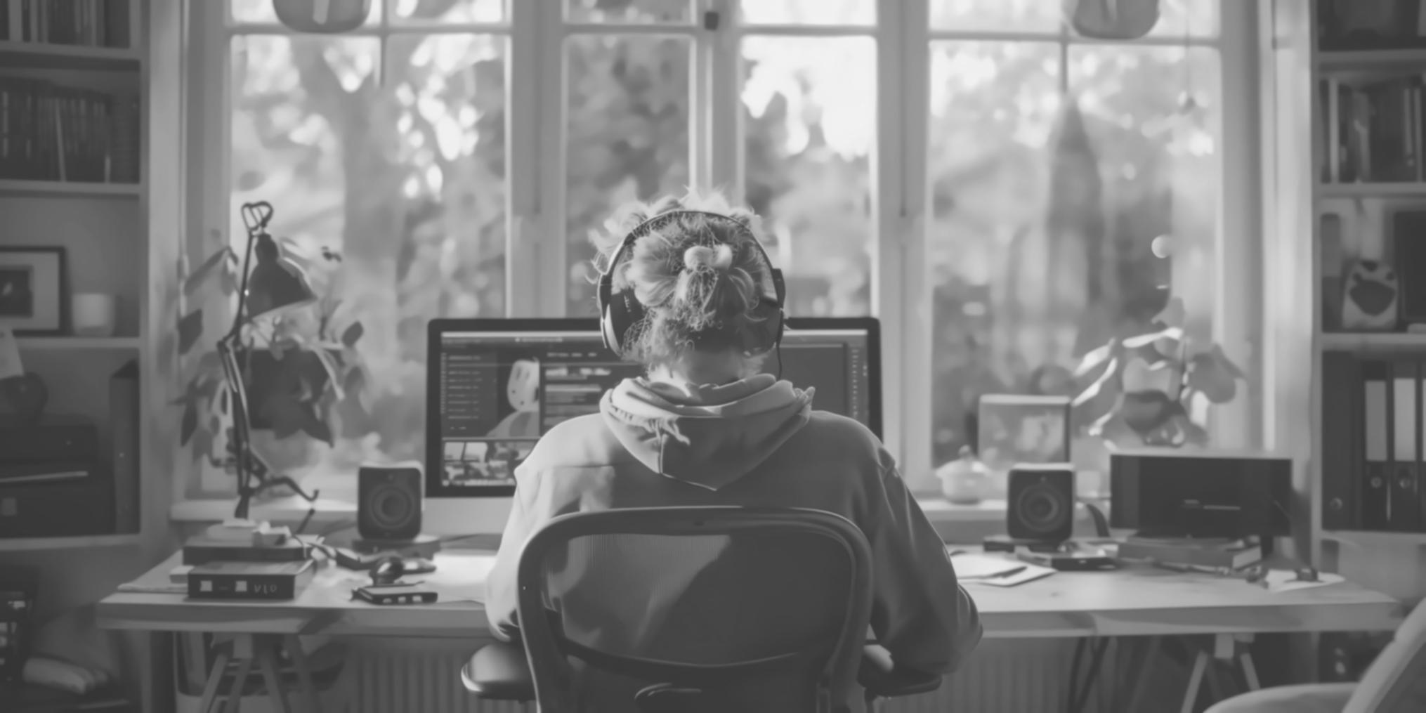 Estação de trabalho moderna com monitores exibindo modelos 3D sustentáveis